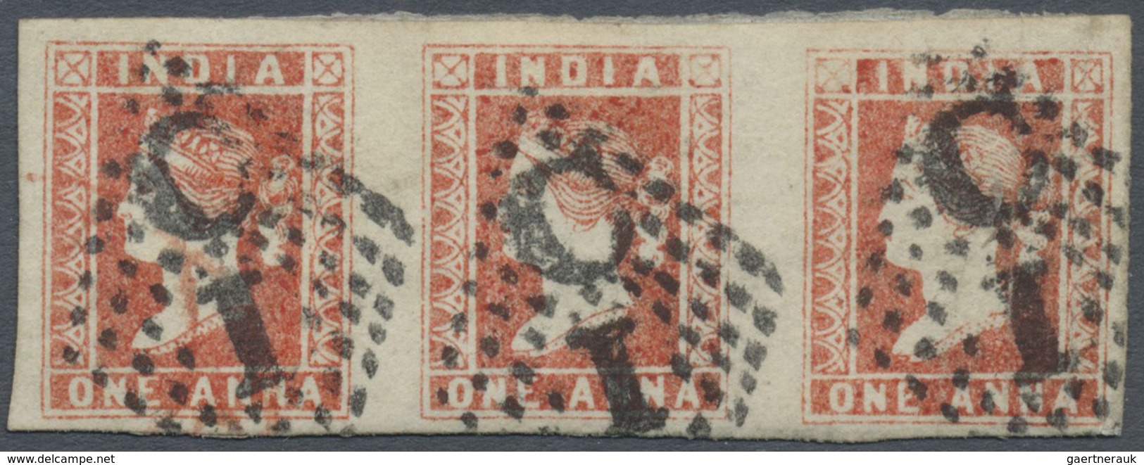 O Indien: 1854 Lithographed 1a. Red, Die I, Horizontal Strip Of Three, Used In Madras And Cancelled By - Other & Unclassified