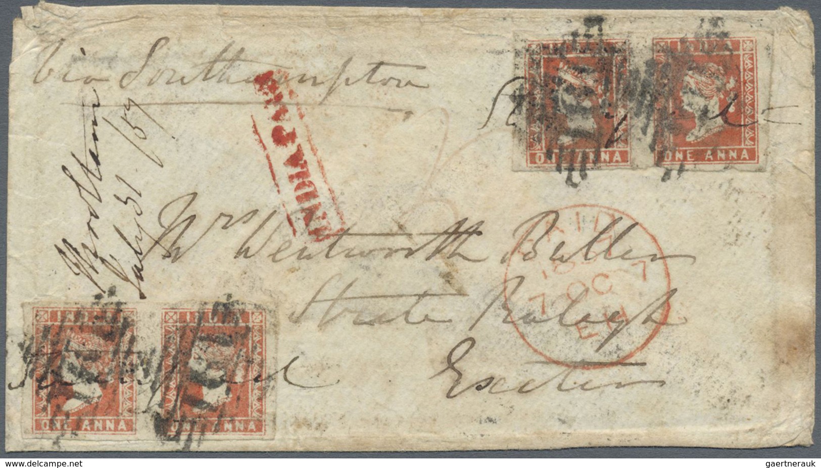 Br Indien: 1857 Cover From Mooltan To England 'Via Southampton' Franked By Two Horizontal Pairs Of Lith - Other & Unclassified