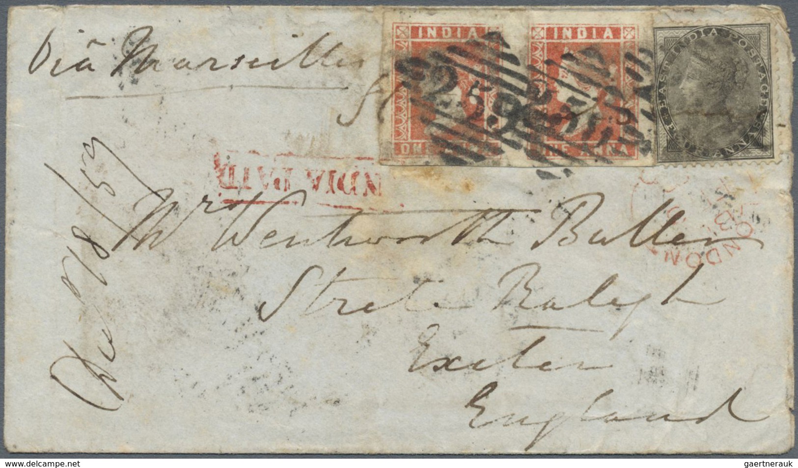 Br Indien: 1858 Mixed Franking: Cover From Nowshera To Exeter, England Via Marseilles Franked By Lithog - Andere & Zonder Classificatie