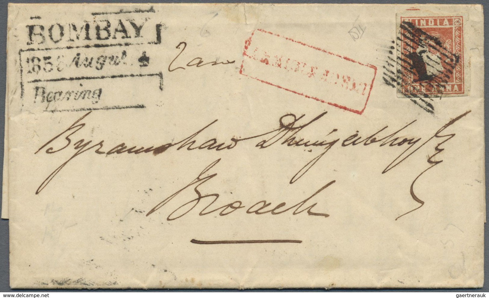 Br Indien: 1856 Entire From Bombay To Broach Insufficiently Franked By 1854 1a. Red Only, Cancelled By - Andere & Zonder Classificatie