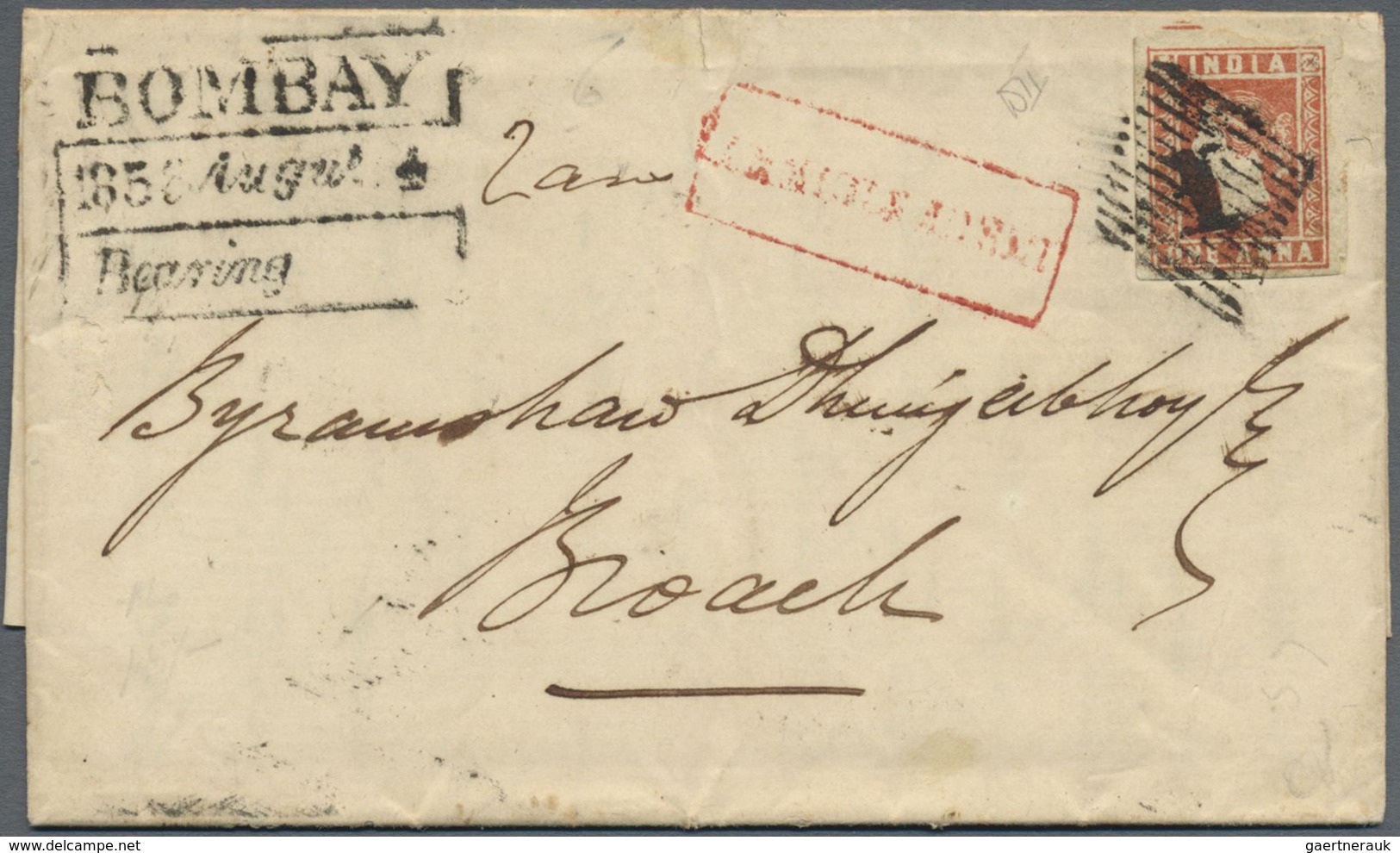 Br Indien: 1856 Entire From Bombay To Broach Insufficiently Franked By 1854 1a. Red Only, Cancelled By - Other & Unclassified