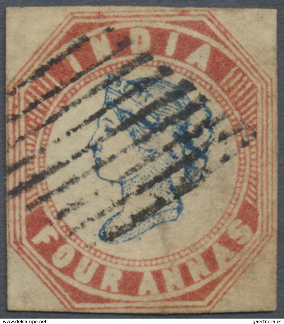 O Indien: 1854 Lithographed 4a. Blue & Red From 2nd Printing, Sheet Pos. 5, Used And Cancelled By Diam - Andere & Zonder Classificatie