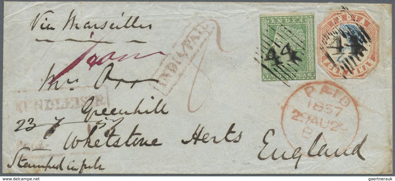 Br Indien: 1857 Cover From Mundlesir, Indore To England 'Via Marseilles' Franked With 1854 4a. Blue & R - Other & Unclassified