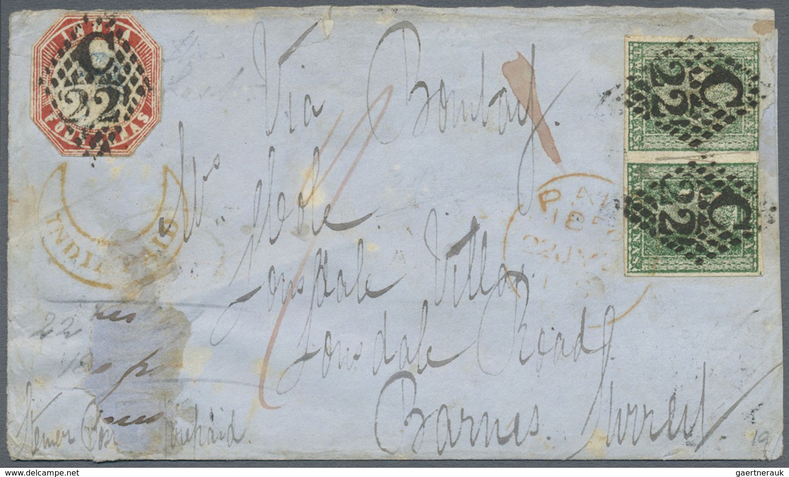 Br Indien: 1856 Cover From Ramandroog To England Franked With Lithographed 4a. Blue & Red (2nd Printing - Other & Unclassified