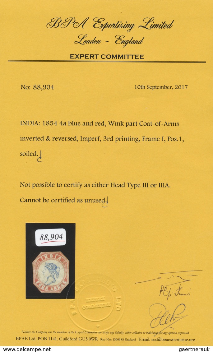 O Indien: 1854-55 Lithographed 4a. Blue & Red, 3rd Printing (Head Die III, Frame Die I), Sheet Pos. 1, - Andere & Zonder Classificatie