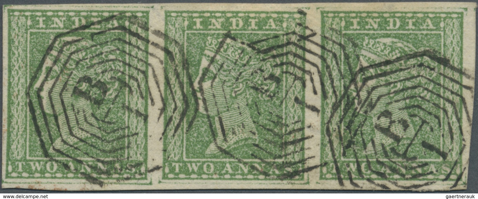 O Indien: 1854 2a. Green, Horizontal Strip Of Three, Used In Calcutta And Cancelled By Numeral Handsta - Andere & Zonder Classificatie