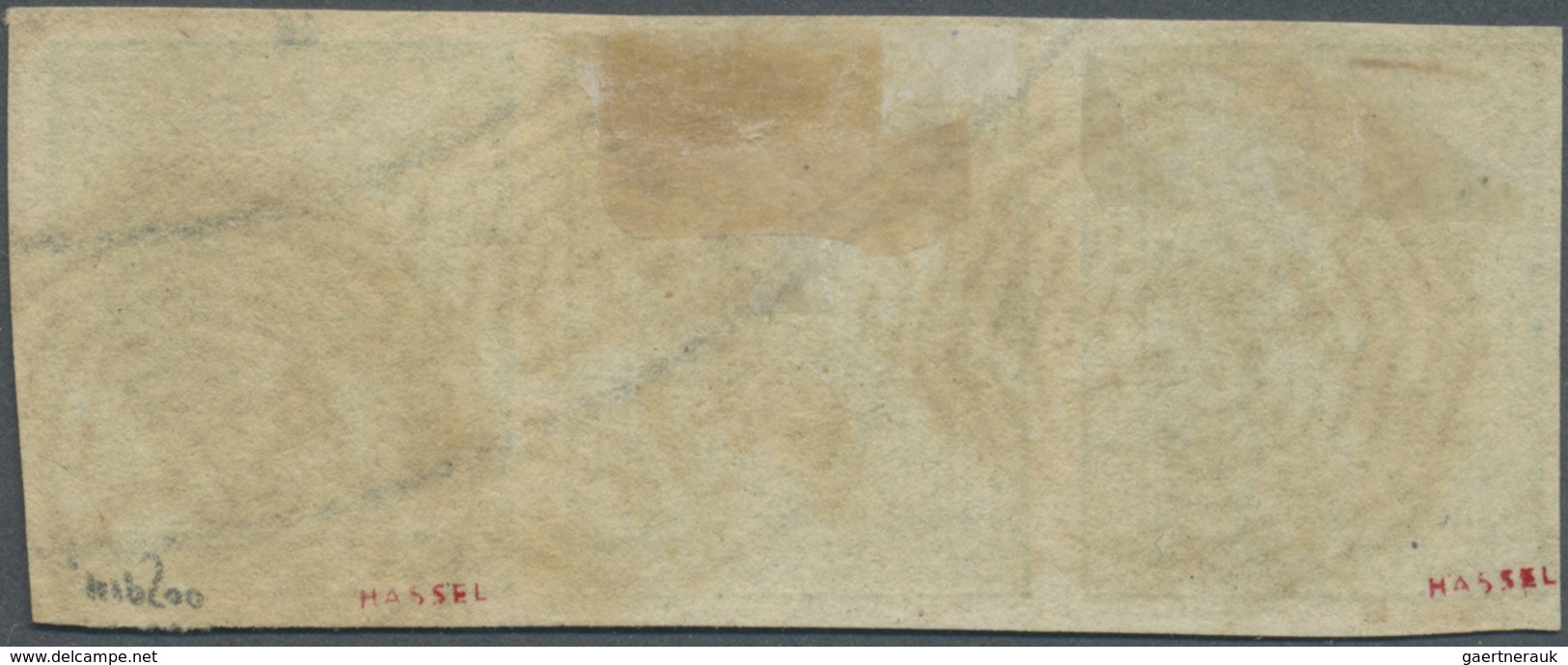 O Indien: 1854 2a. Green, Horizontal Strip Of Three, Used In Calcutta And Cancelled By Numeral Handsta - Andere & Zonder Classificatie