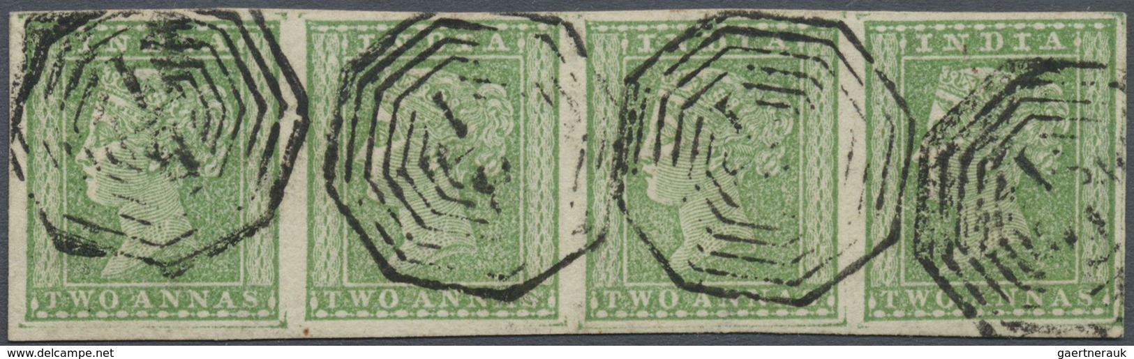 O Indien: 1854 2a. Green, Horizontal Strip Of Four, Used In Calcutta And Cancelled By Numeral Handstam - Andere & Zonder Classificatie