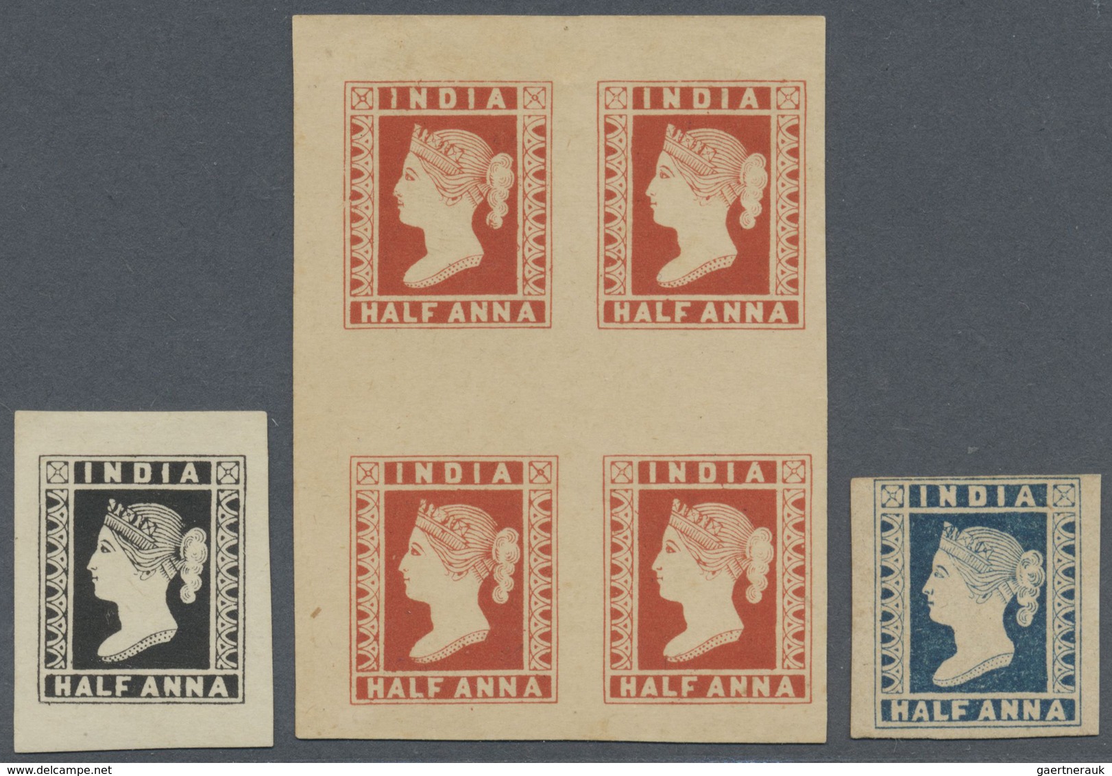 (*) Indien: 1854/1892: 6 Reprints Of 1854 ½a. Essay With Crosses In Upper Corners Including Single In Bl - Andere & Zonder Classificatie