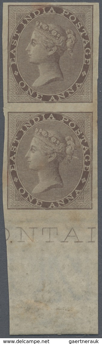 (*) Indien: 1856 QV 1a. Brown IMPERFORATE Verical Pair With Inscribed And Watermarked Sheet Margin At Fo - Andere & Zonder Classificatie