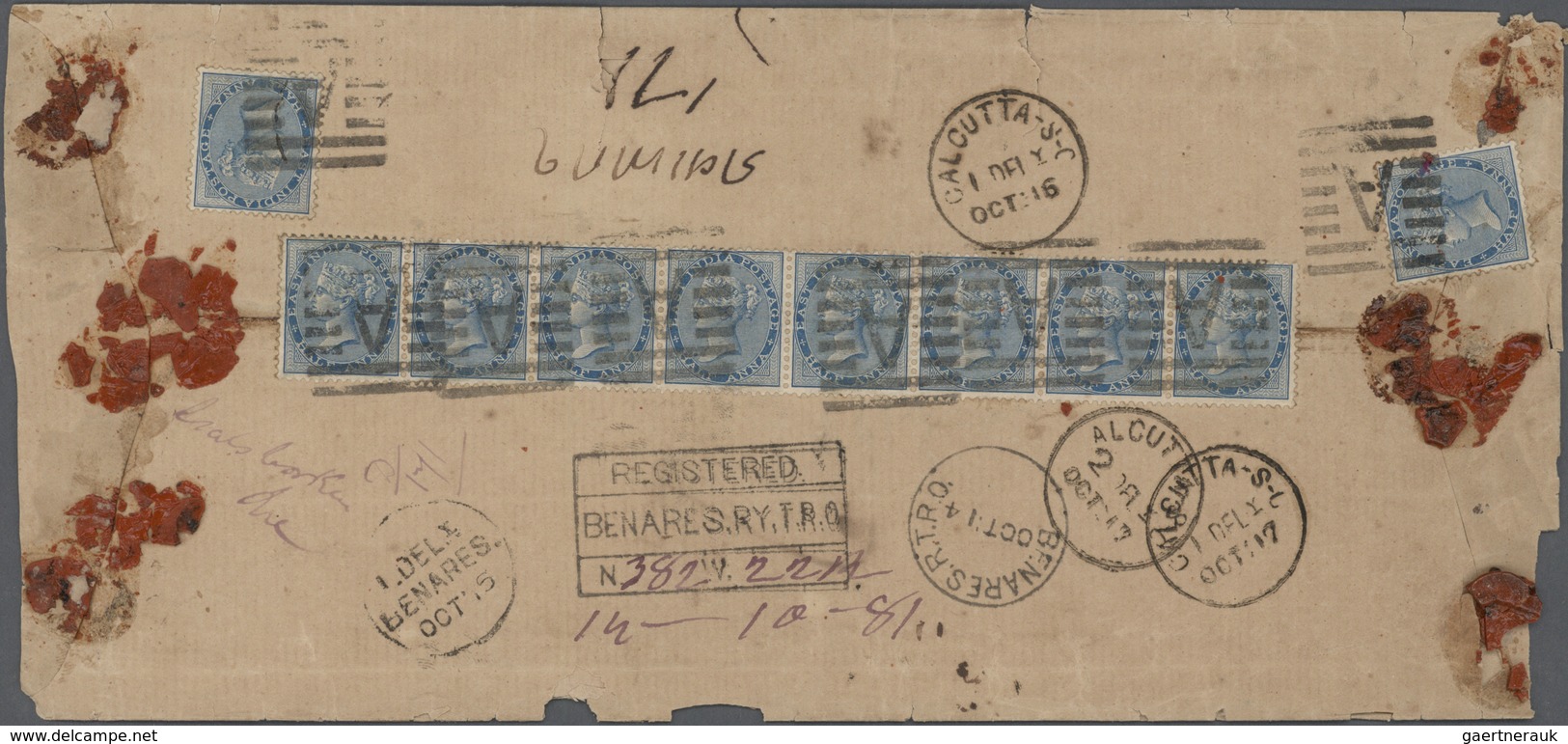 Br Indien: 1873 QV ½a. Blue, Die II, Horizontal Strip Of Eight Plus Two Singles On Reverse Of Registere - Andere & Zonder Classificatie