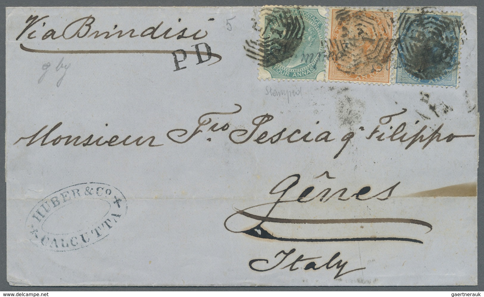 Br Indien: 1873-75 Three Folded Letters From Calcutta To Italy, With 1) 1873 Letter To Genoa 'Overland - Andere & Zonder Classificatie