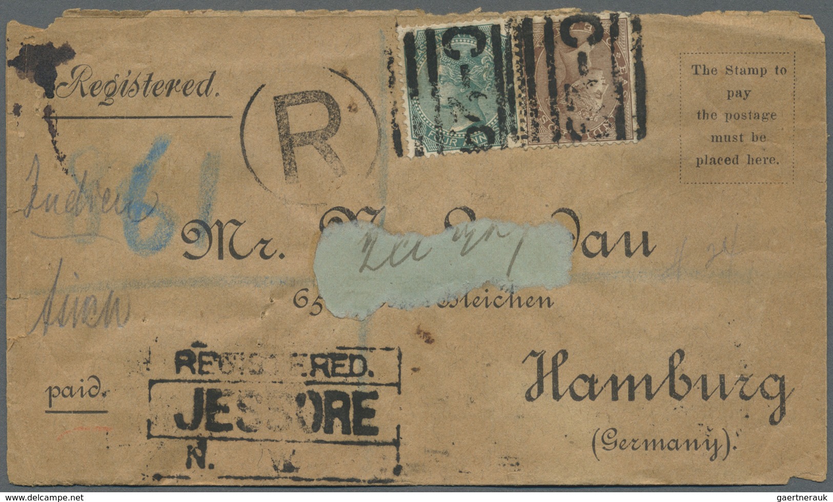 Br Indien: 1886/1892 Two Registered Covers To Germany, 1882 From Jessore To Hamburg Franked QV 1866 4a. - Andere & Zonder Classificatie