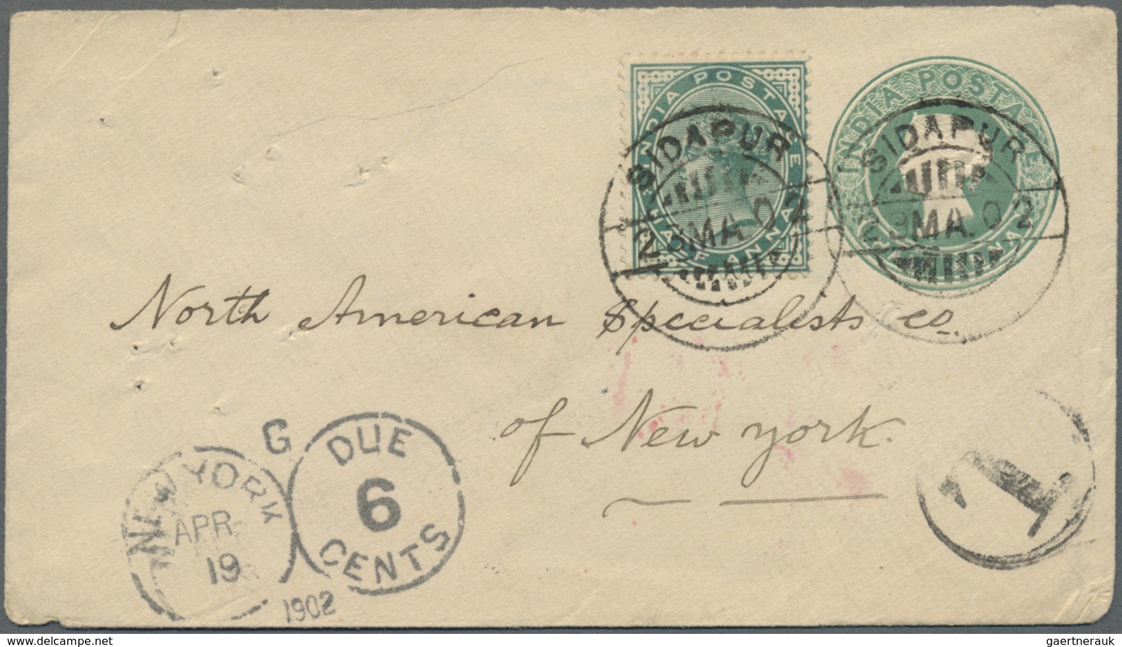 Br/GA Indien: 1887-1902: Four covers and postal stationery items from India to the U.S.A. and one cover (1