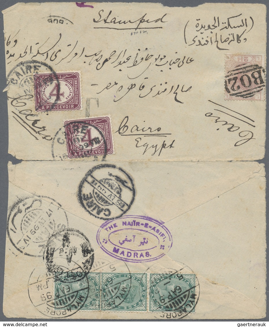 Br Indien: 1899 Cover From Mylapore To Cairo, Egypt Via Suez, Insufficiently Franked By QV ½a. Strip Of - Andere & Zonder Classificatie