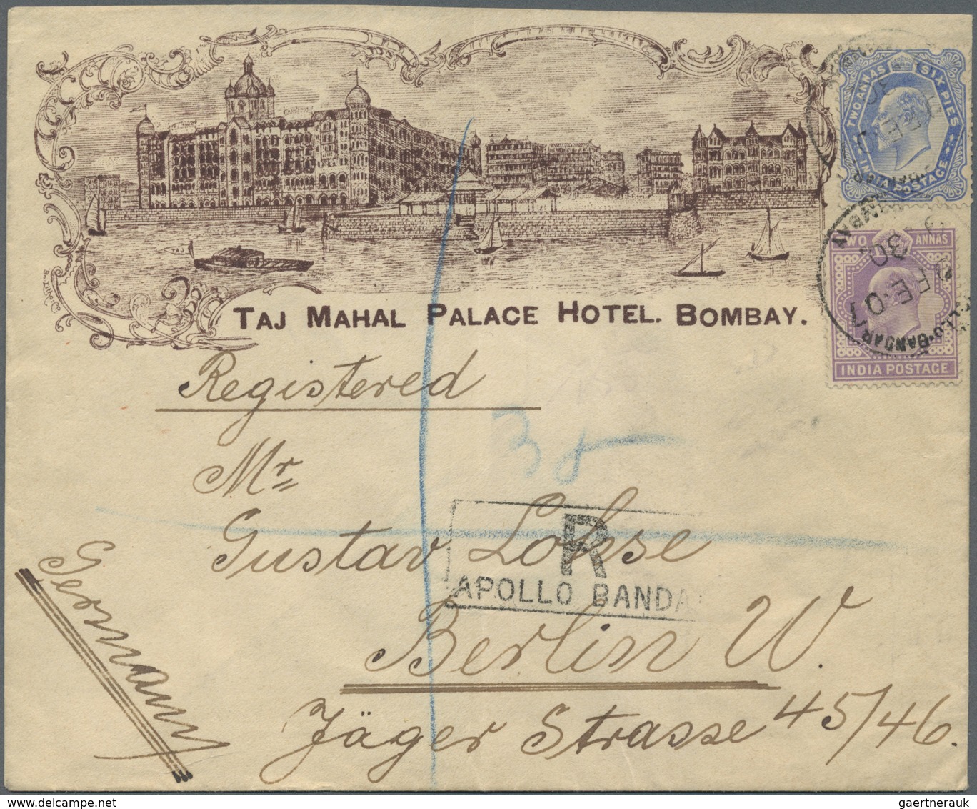 Br Indien: 1907, 2a. Mauve And 2a.6p. Ultramarine On Illustrated Hotel Cover "TAJ MAHAL PALACE HOTEL BO - Andere & Zonder Classificatie