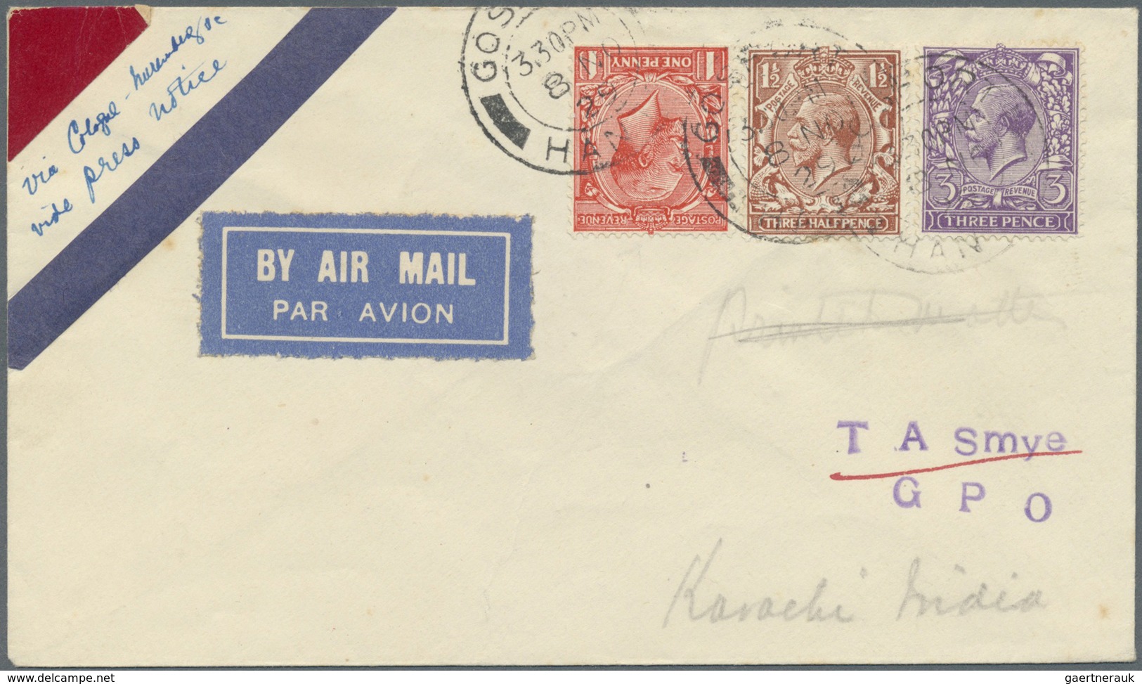 Br Indien: 1929 First Flight To KARACHI From London/UK "8.NO.29" Franked By 1d, 1 1/2 D And 3d King Geo - Andere & Zonder Classificatie