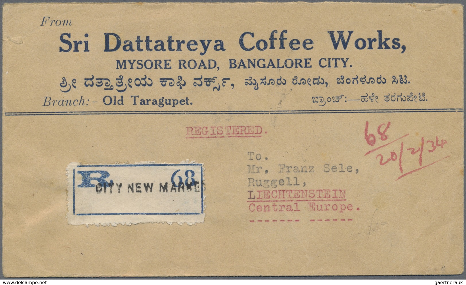 Br Indien: 1934 Destination LIECHTENSTEIN: Registered Cover Franked KGV. 9p.(x2), 1a. And 4a. From "Sri - Andere & Zonder Classificatie