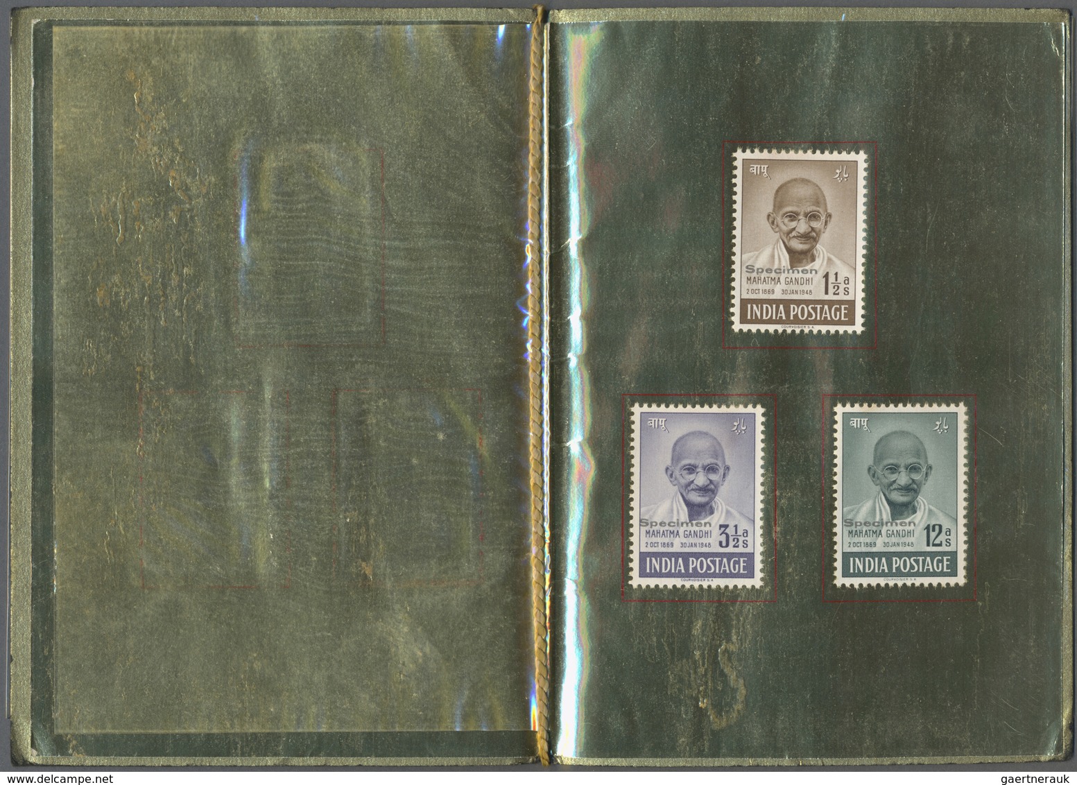 Indien: 1948 GANDHI Complete Set Overprinted "SPECIMEN", Affixed To Gold Leaves, In Black Velvet Pre - Sonstige & Ohne Zuordnung