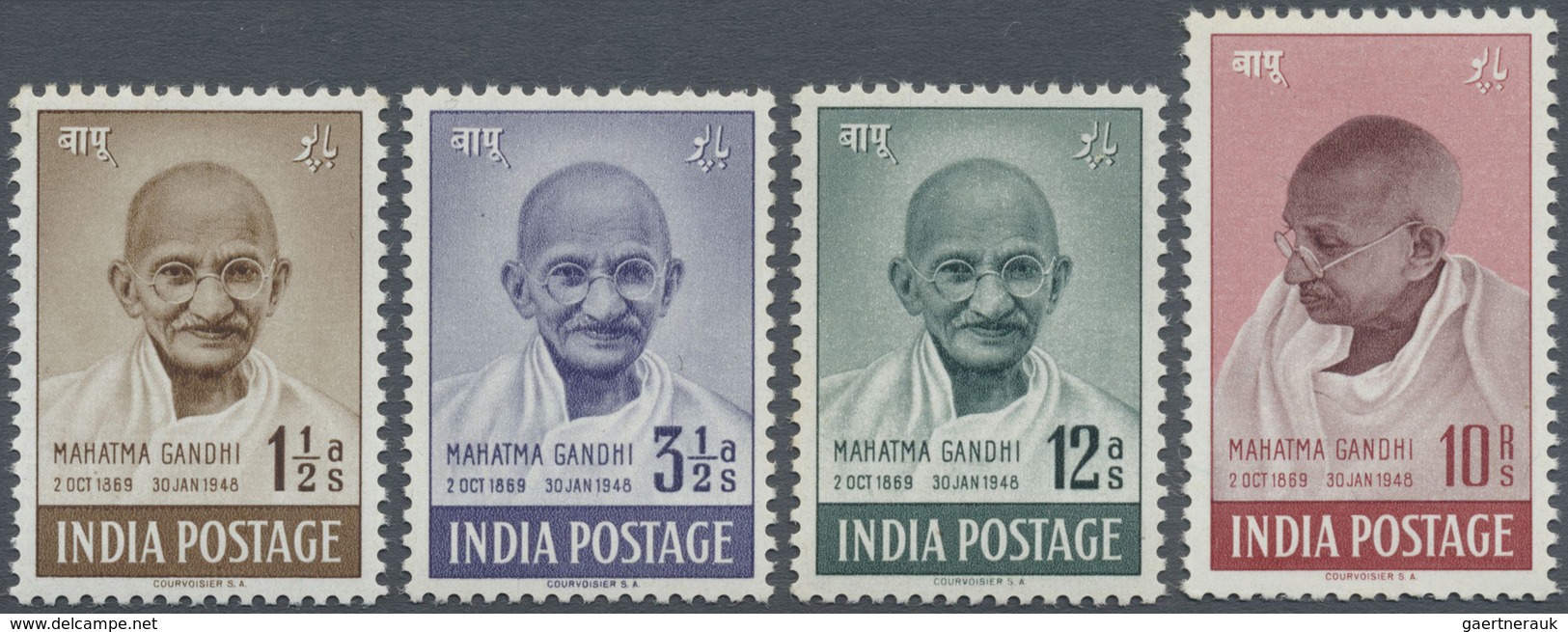 ** Indien: 1948 GANDHI Complete Set, Mint Never Hinged, Small Values With Very Little Brownish Dots On - Sonstige & Ohne Zuordnung