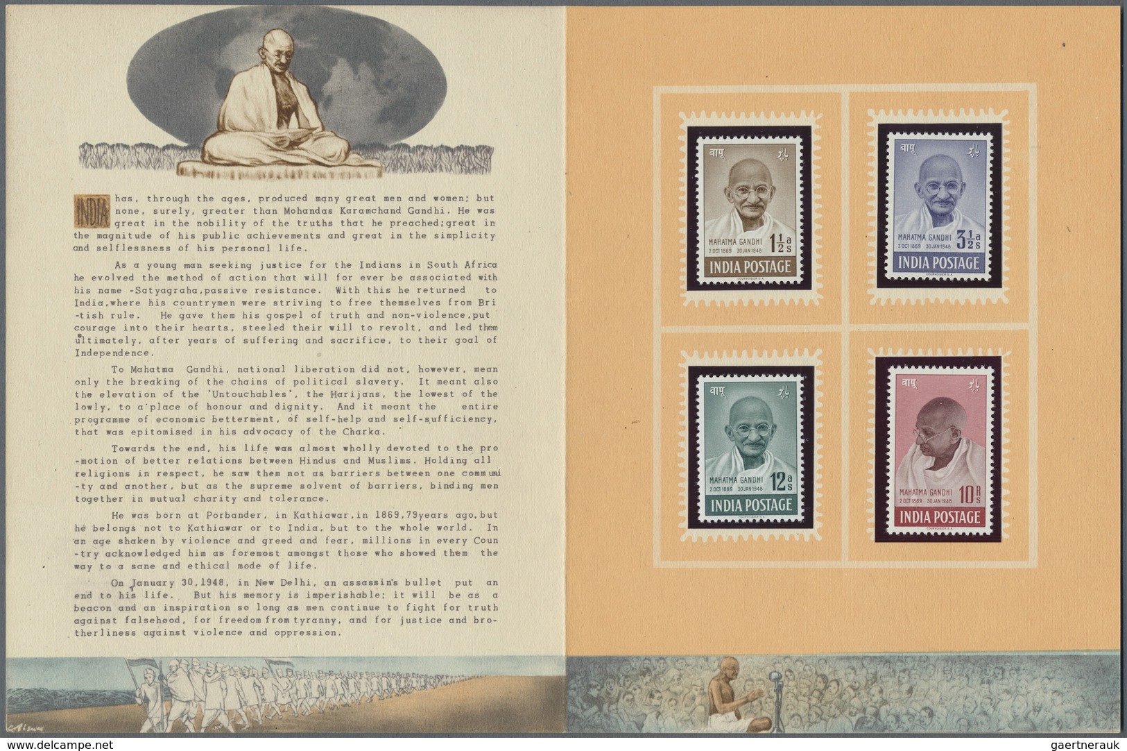 ** Indien: 1948 GANDHI Complete Set Mint Never Hinged Housed In Special Gandhi Memorial Folder, The 10r - Sonstige & Ohne Zuordnung