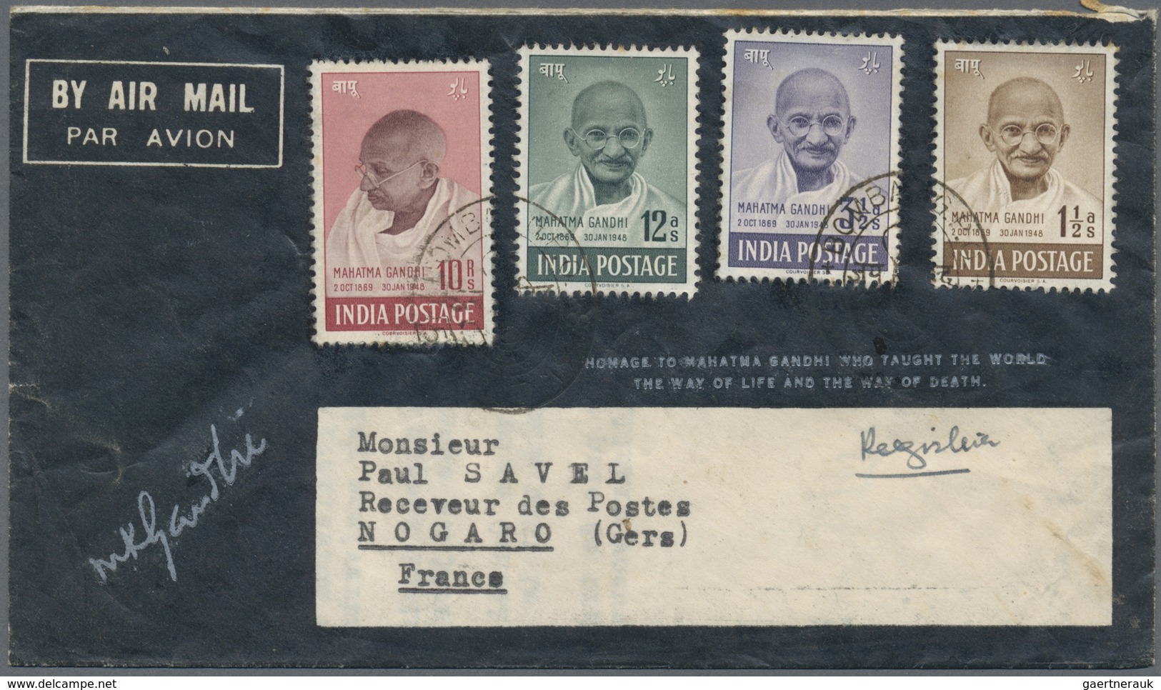 Indien: 1948, Mahatma Gandhi 1½ A To 10 R On Black Airmail Letter "Homage To ..." With First Day Can - Andere & Zonder Classificatie