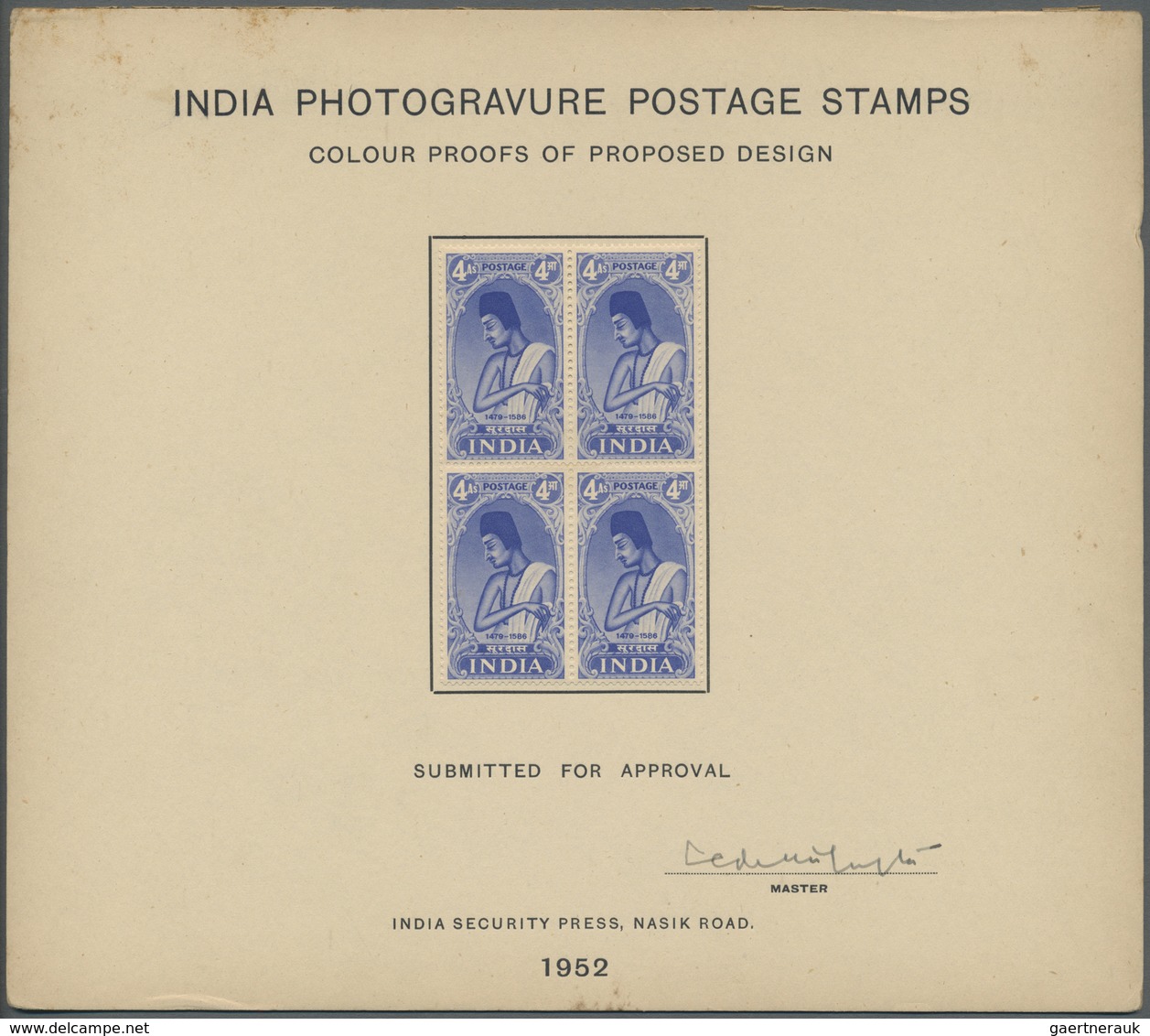 (*) Indien: 1952 "SAINTS & POETS": Collection of 17 COLOUR PROOFS & ESSAYS OF PROPOSED DESIGN each in bl