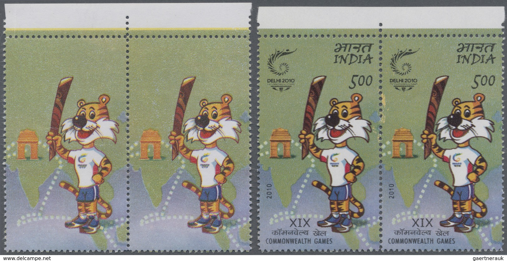 /** Indien: 2010 Commonwealth Games 5r. Top Marginal Pair Showing Variety "COLOUR BLACK OMITTED" ('INDIA - Andere & Zonder Classificatie