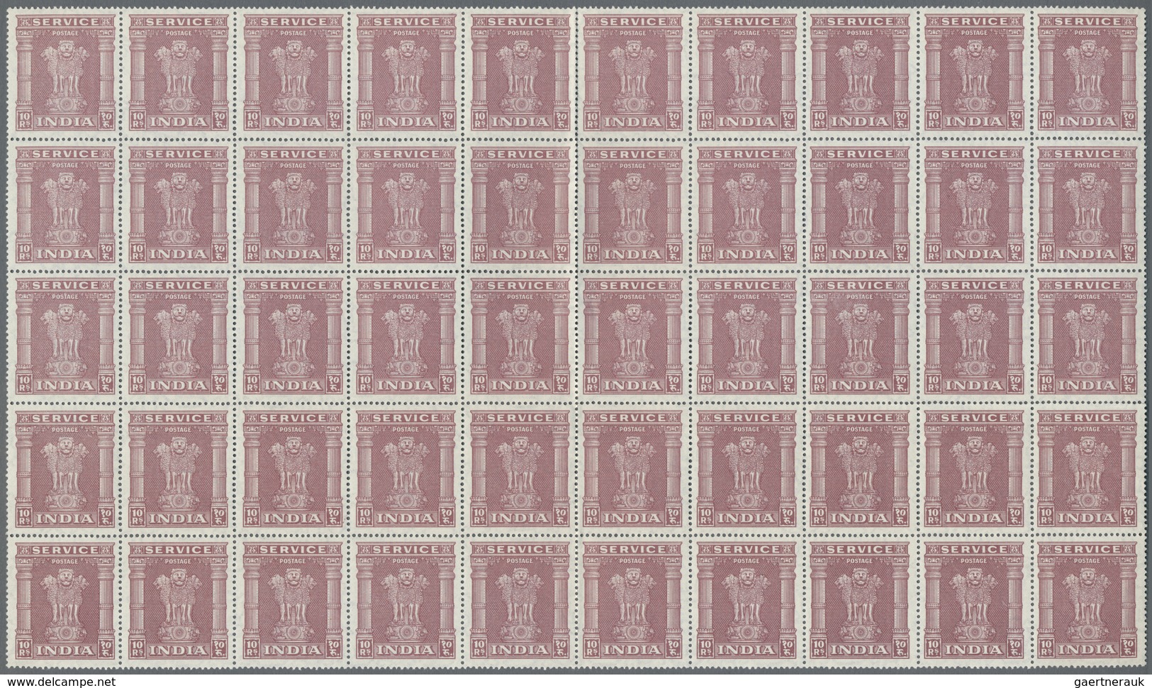 ** Indien - Dienstmarken: 1950, 2, 5 and 10 Rupies, sheetparts with totally 200 of each value, mnh, CV