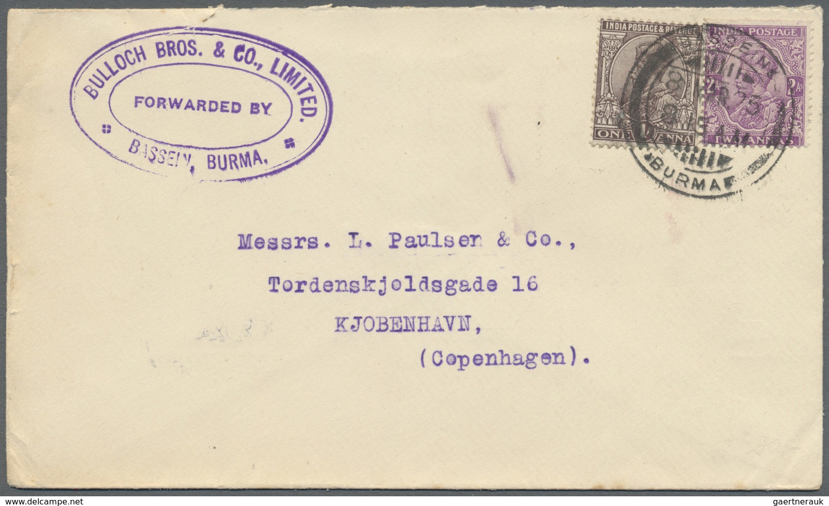 Br Indien - Used Abroad: 1925 BURMA: Forwarded Cover From Bassein To Copenhagen, Denmark Franked With I - Andere & Zonder Classificatie
