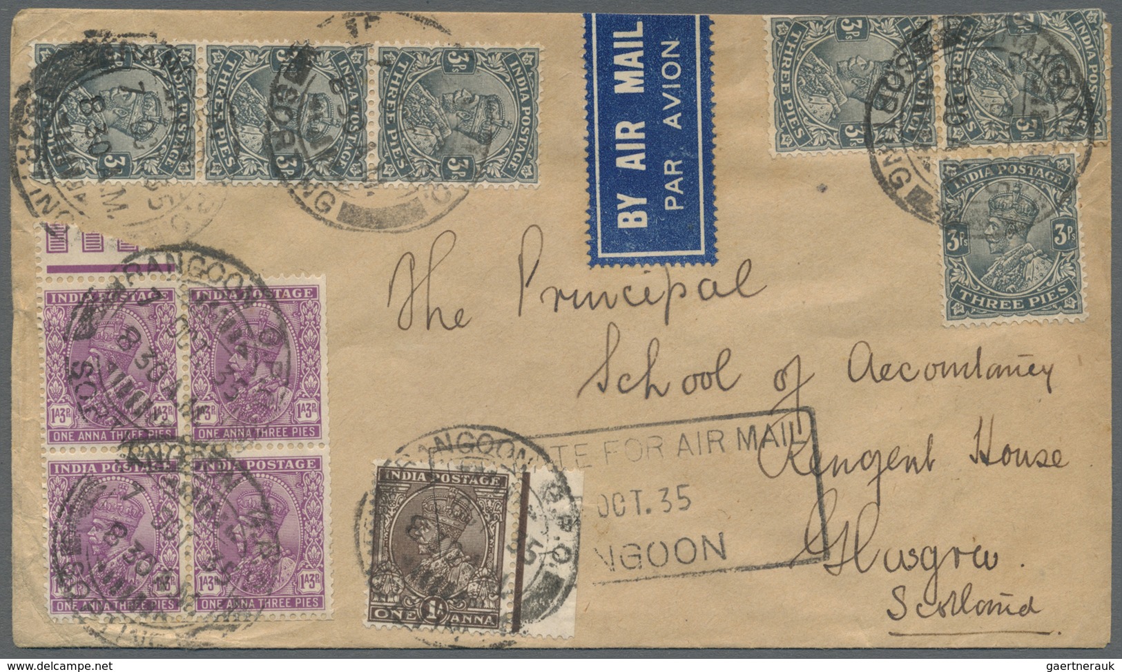 Br Indien - Used Abroad: BURMA 1935. Air Mail Envelope Addressed To Glasgow Bearing Lndia SG 201, 3p Sl - Other & Unclassified