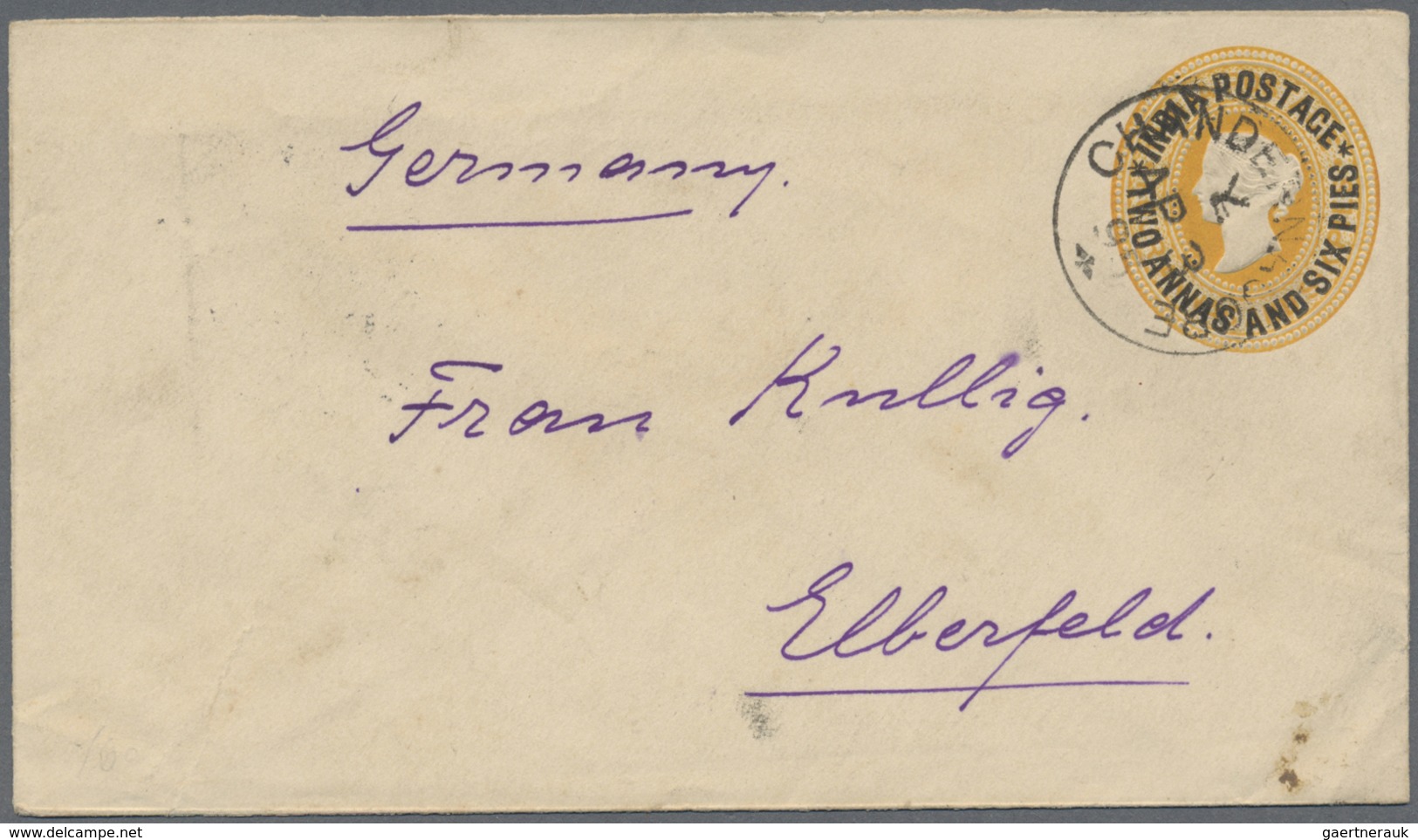 GA Indien - Used Abroad: FRENCH INDIA 1895: Indian Postal Stationery Envelope 2a6p. On 4a6p. To Germany - Other & Unclassified