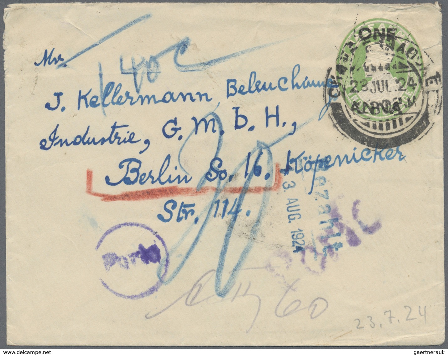 GA Indien - Used Abroad: FRENCH INDIA 1924: Indian Postal Stationery Envelope KGV. 1a. On ½a. Green Use - Andere & Zonder Classificatie