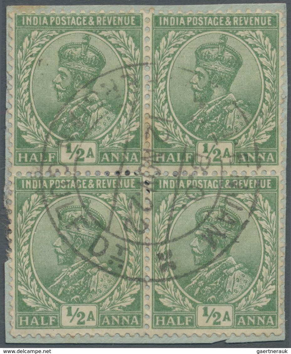 /O Indien - Used Abroad: 1922 HENJAM ISLAND: India KGV. ½a. Block Of Four On Small Piece, Used With Fin - Other & Unclassified