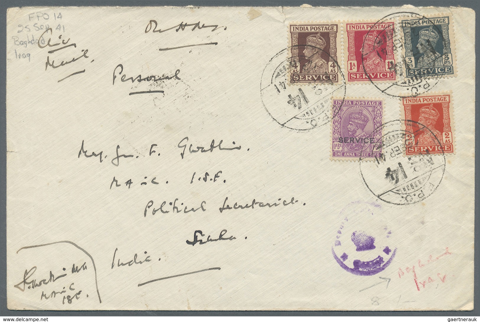 Br Indien - Used Abroad: IRAQ: 1941. Official Air Mail Envelope (waterstains) Addressed To Simla, India - Andere & Zonder Classificatie