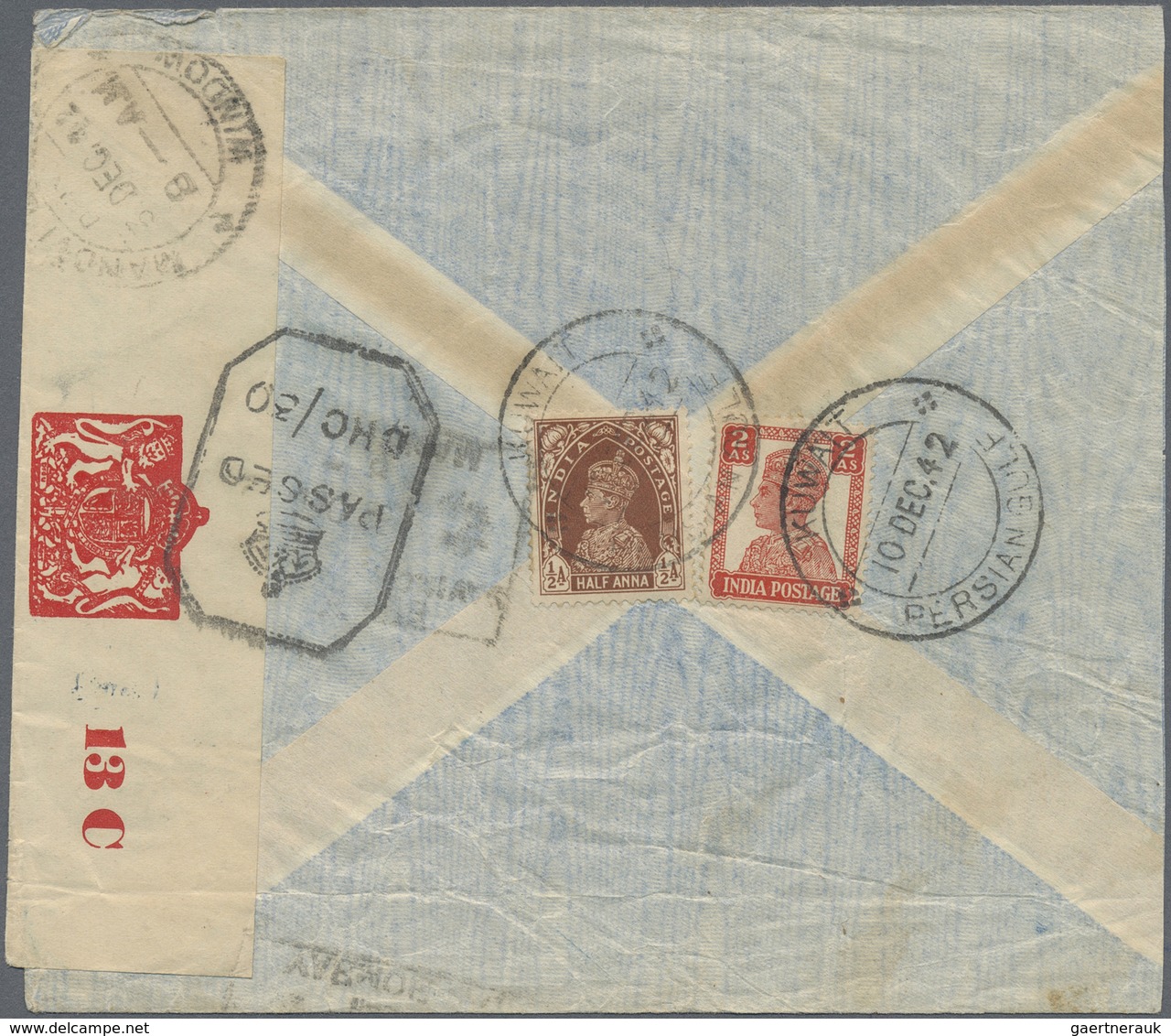 Br Indien - Used Abroad: KUWAIT, 1942: Air Mail Envelope Addressed To Lndia Bearing Lndia SG 248, ½a Br - Other & Unclassified