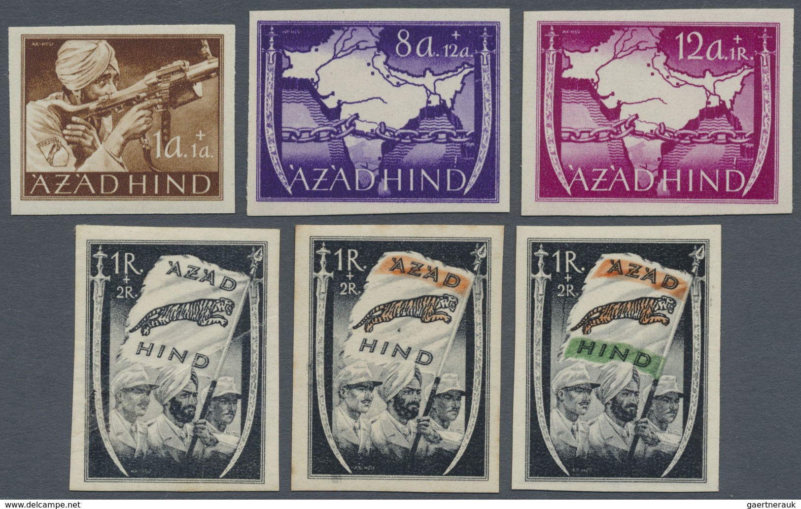 **/* Indien - Feldpost: 1942 AZAD HIND: Set Of Nine Perforated And Nine Imperf Anna Values, Mint Never Hi - Military Service Stamp