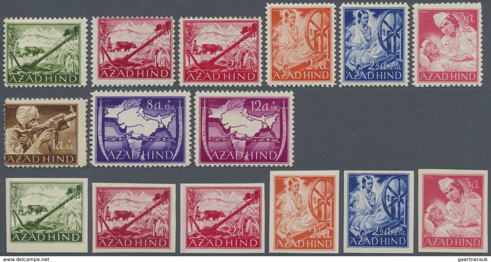 **/* Indien - Feldpost: 1942 AZAD HIND: Set Of Nine Perforated And Nine Imperf Anna Values, Mint Never Hi - Military Service Stamp