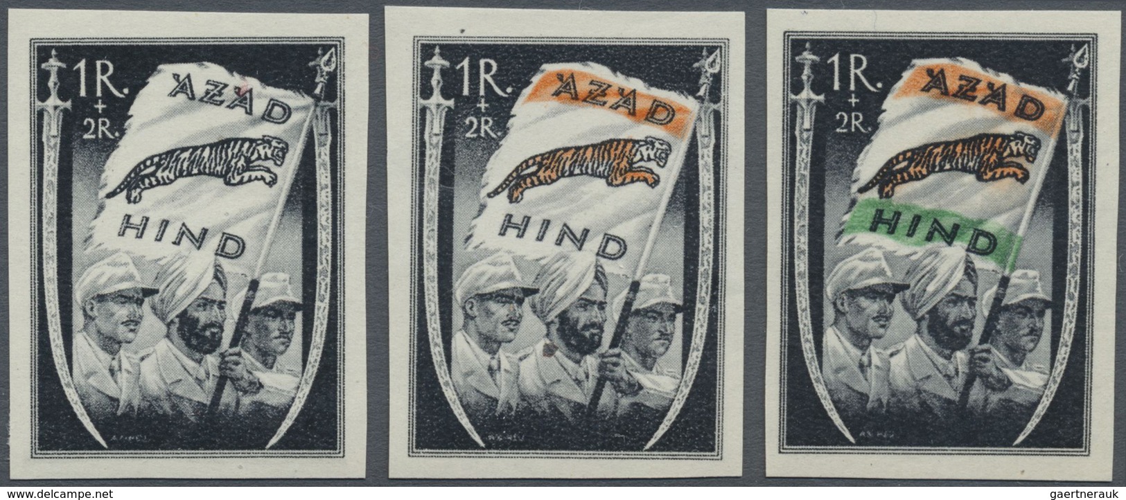 ** Indien - Feldpost: 1943 (ca.), Free India 1 R.+2 R. Imperforated In All Three Colours, Mint Never Hi - Militaire Vrijstelling Van Portkosten