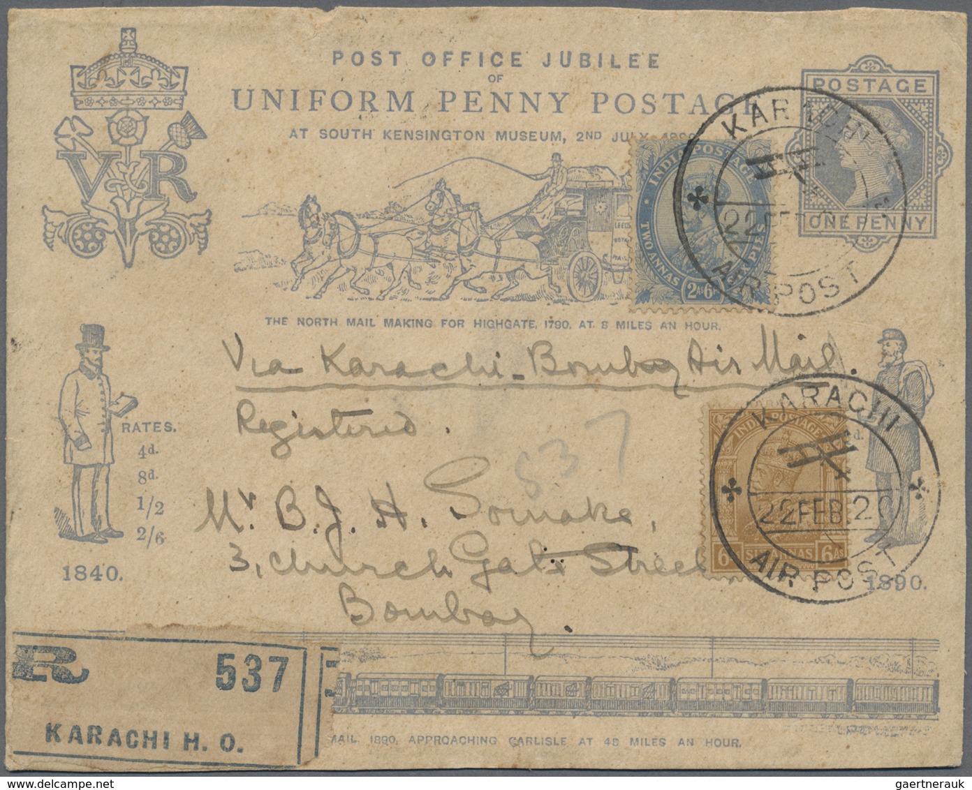 GA Indien - Flugpost: 1920 Karachi-Bombay First Flight: British Postal Stationery Envelope 1d. Jubilee - Airmail