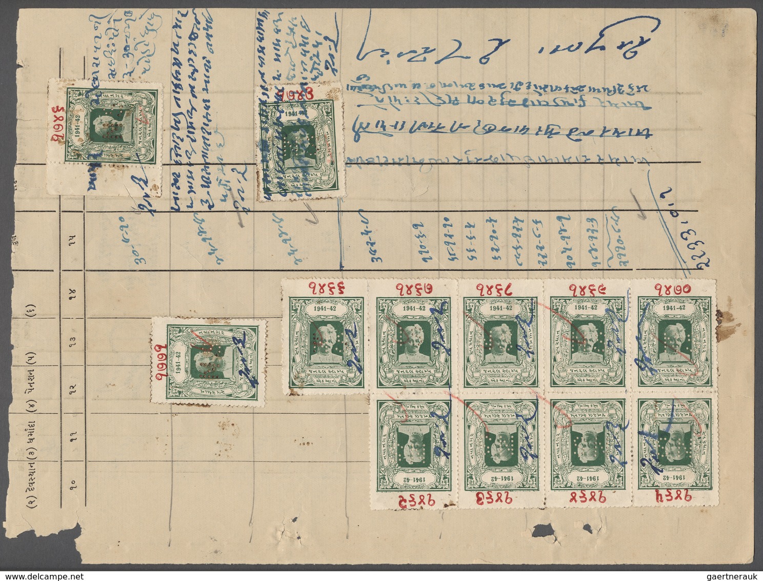 Br Indien - Konventionalstaaten: NAWANAGAR-Fiscals 1941-42: Revenue Stamp 1a Green Block Of 9 Including - Other & Unclassified