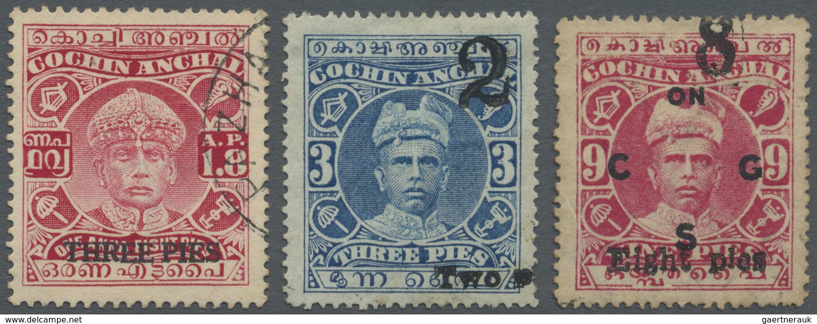 O/* Indien - Feudalstaaten: COCHIN 1922/1942: Three Interesting Stamps Overprinted, With 1922 2p. On 3p. - Other & Unclassified