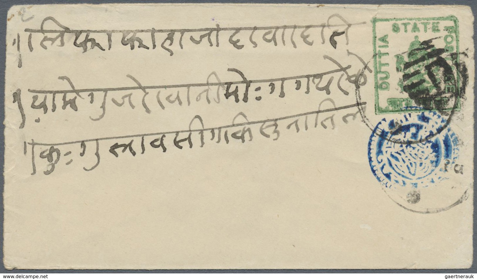 GA Indien - Feudalstaaten: DUTTIA 1900: Postal Stationery Envelope ½a. Green On Laid Paper, With Circle - Andere & Zonder Classificatie