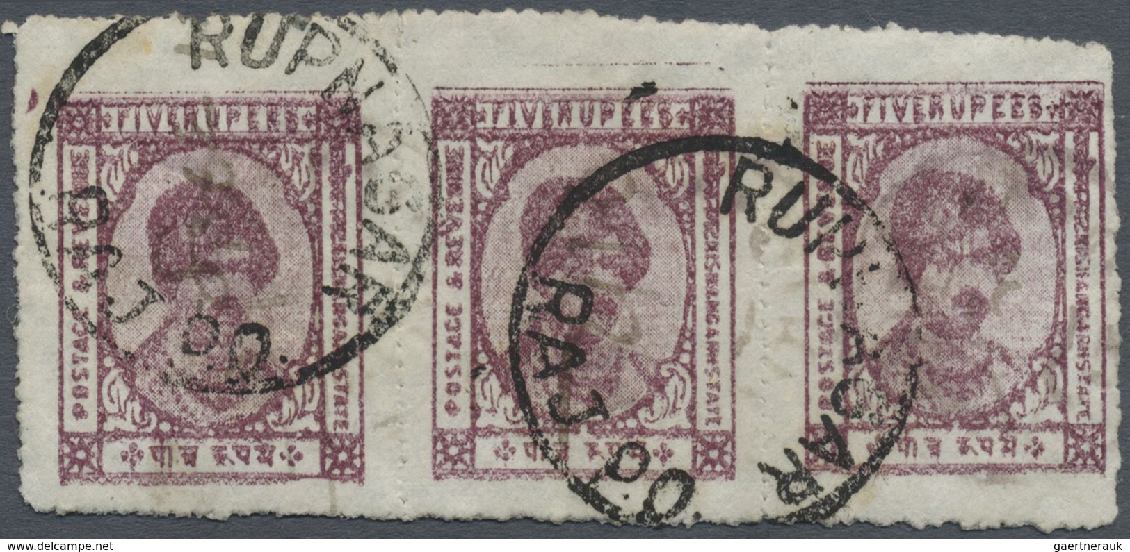 O Indien - Feudalstaaten: KISHANGARH 1928-36 5r. Claret Horizontal Strip Of Three, Used And Cancelled - Andere & Zonder Classificatie