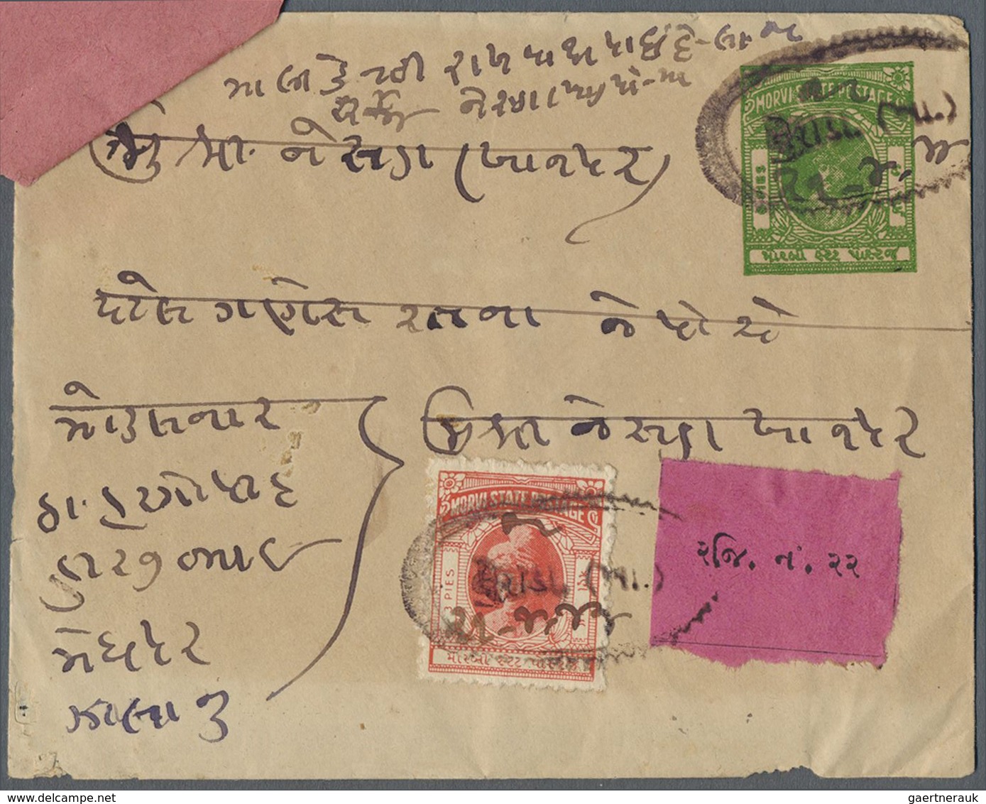 GA Indien - Feudalstaaten: MORVI 1944: Registered (and Returned?) Postal Stationery Envelope 6p. Green - Andere & Zonder Classificatie