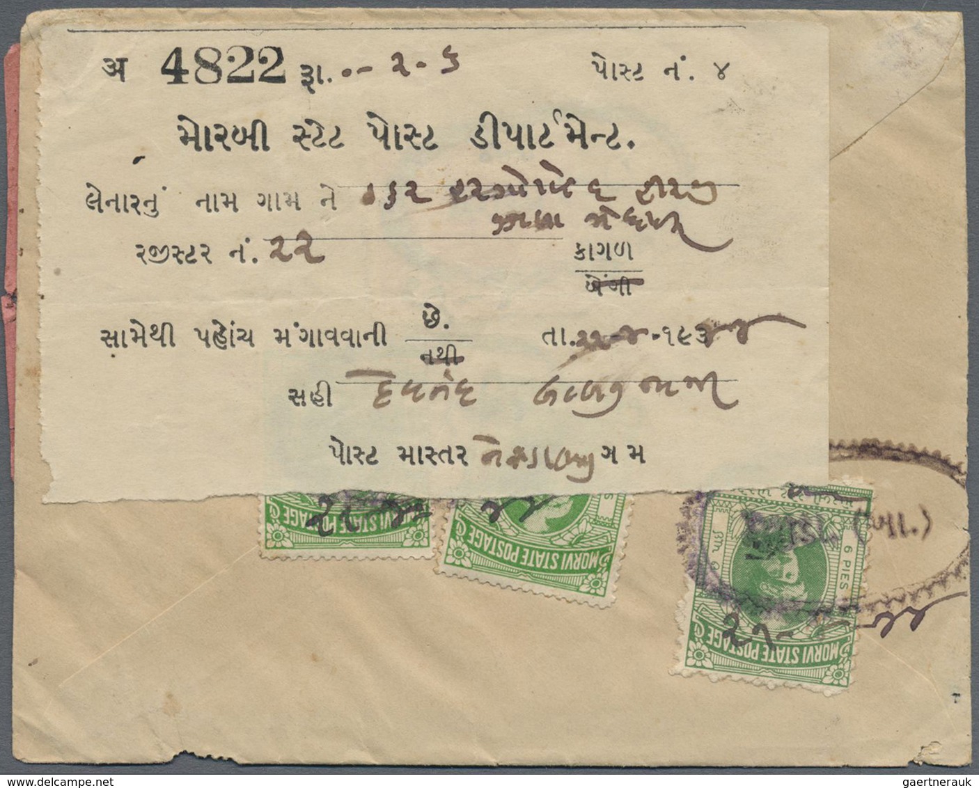 GA Indien - Feudalstaaten: MORVI 1944: Registered (and Returned?) Postal Stationery Envelope 6p. Green - Andere & Zonder Classificatie