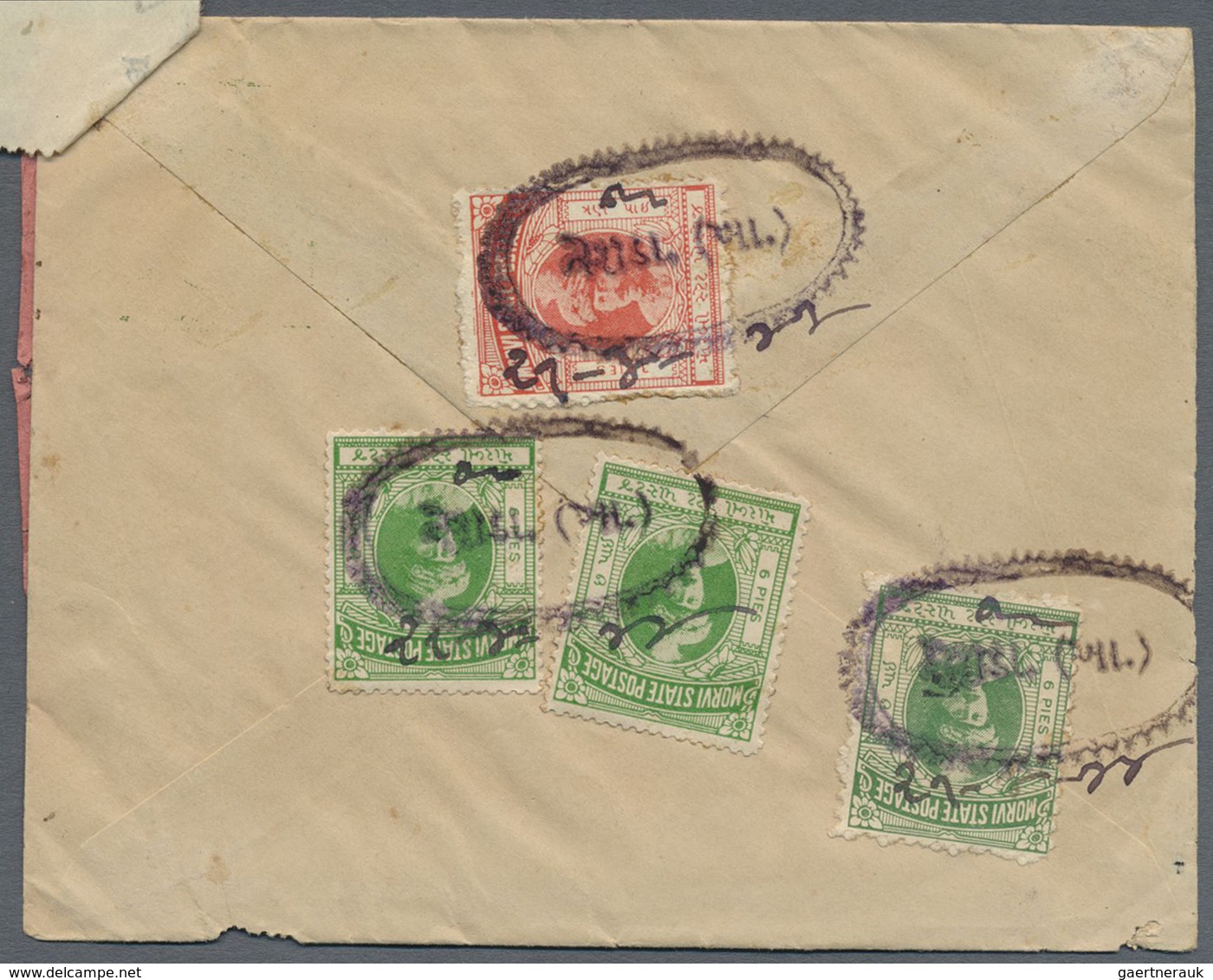 GA Indien - Feudalstaaten: MORVI 1944: Registered (and Returned?) Postal Stationery Envelope 6p. Green - Andere & Zonder Classificatie