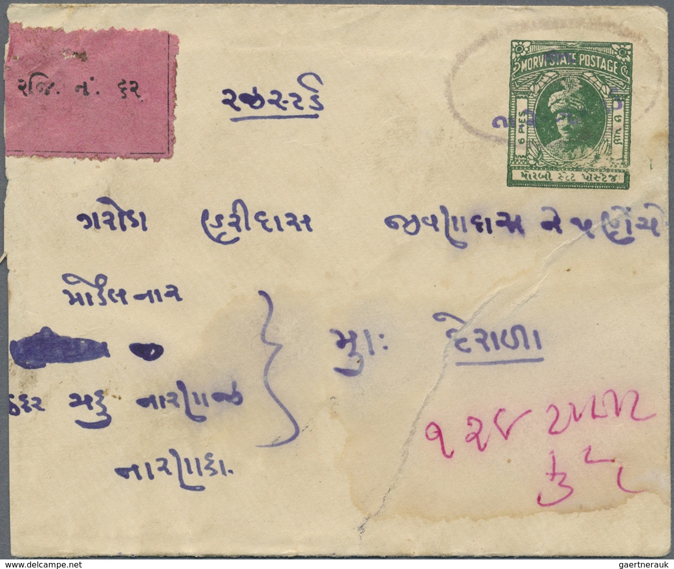 GA Indien - Feudalstaaten: MORVI 1934: Two Postal Stationery Envelopes, 6p. Dark Green On Laid Paper An - Andere & Zonder Classificatie