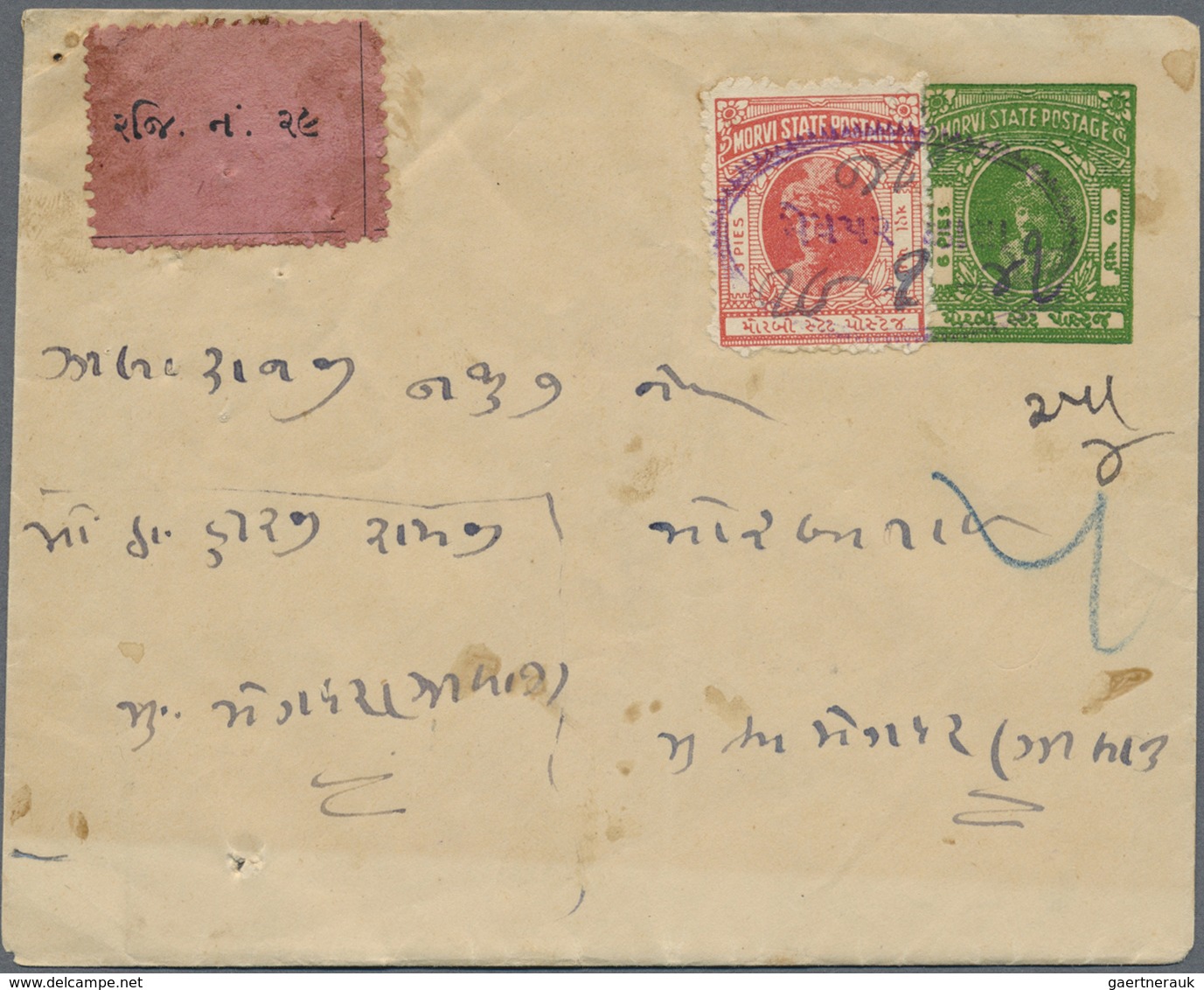 GA Indien - Feudalstaaten: MORVI 1940's: Two Postal Stationery Envelopes 6p. Yellow-green Used Register - Other & Unclassified