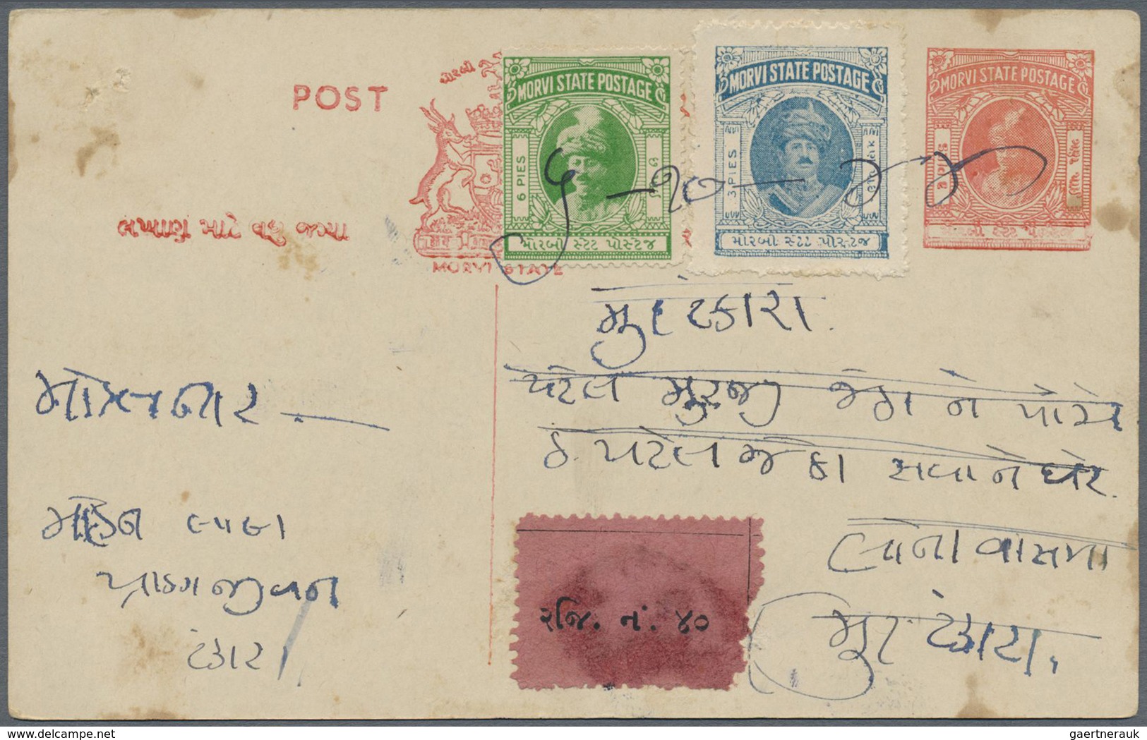 GA Indien - Feudalstaaten: Morvi 1930's: Three Different Postal Stationery Cards 3p. Carmine Or Vermili - Other & Unclassified